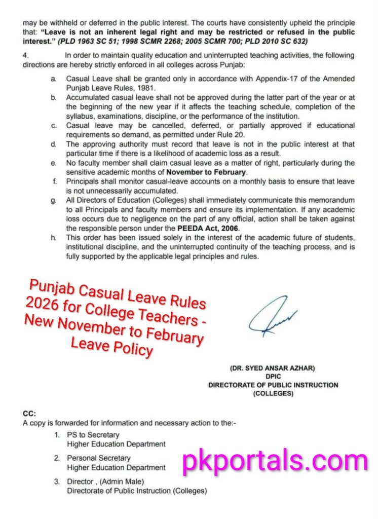 Punjab Casual Leave Rules 2026 for College Teachers - New November to February Leave Policy