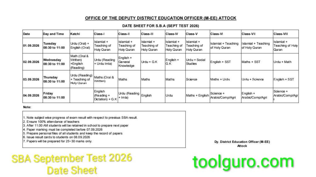 SBA September Test 2026 Date Sheet - School Based Assessment Schedule Attock 2 SBA September Test 2026 Date Sheet - School Based Assessment Schedule Attock