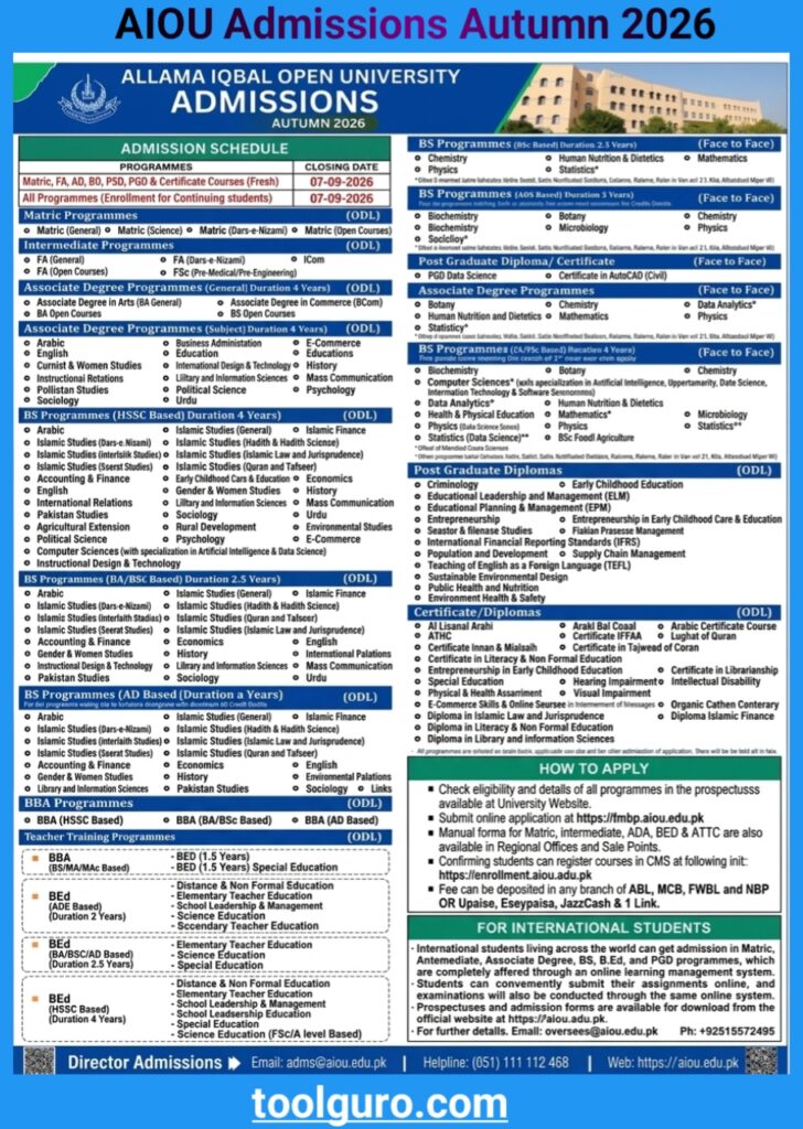 AIOU Admissions Autumn 2026 – Apply Online & Last Date for Matric, FA, BS & B.Ed