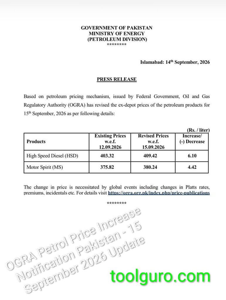 OGRA Petrol Price Increase Notification Pakistan - 15 September 2026 Update 2 1002557735