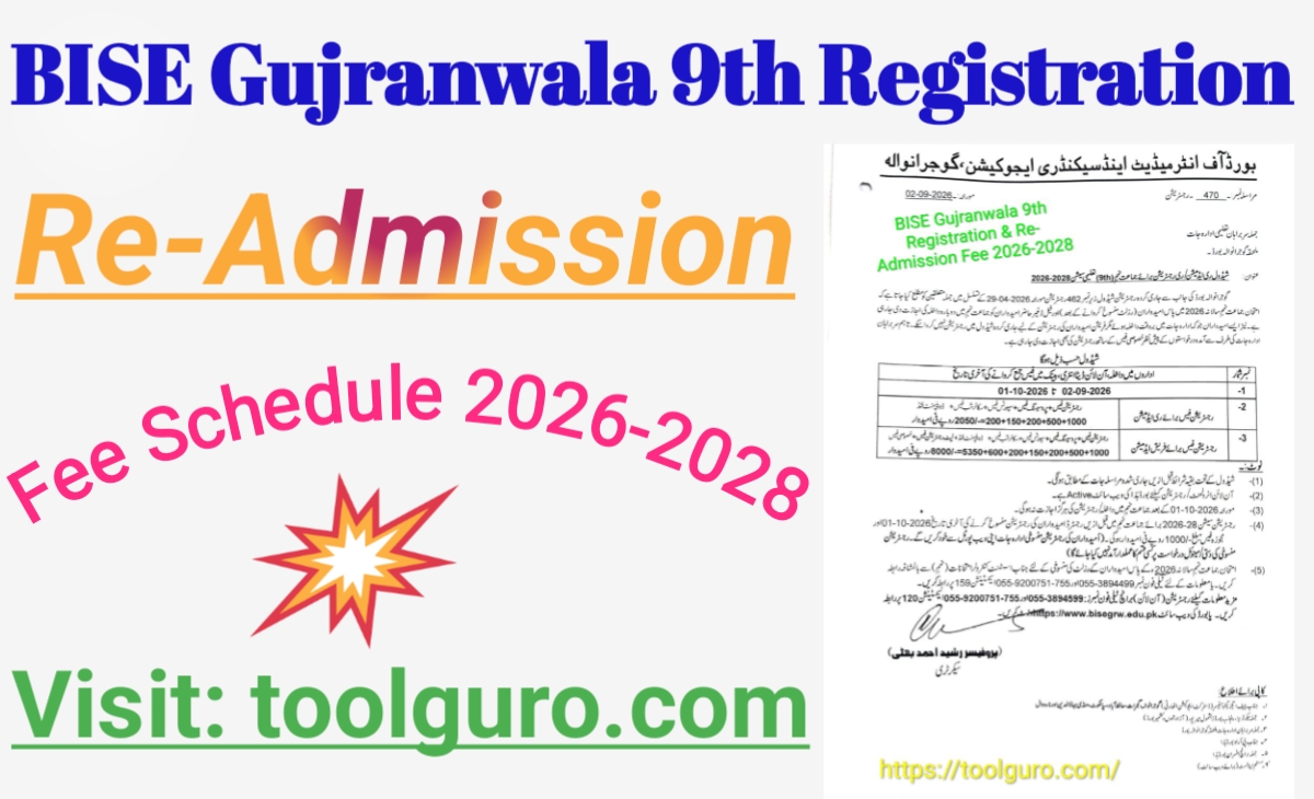 BISE Gujranwala 9th Registration & Re-Admission Fee 2026-2028