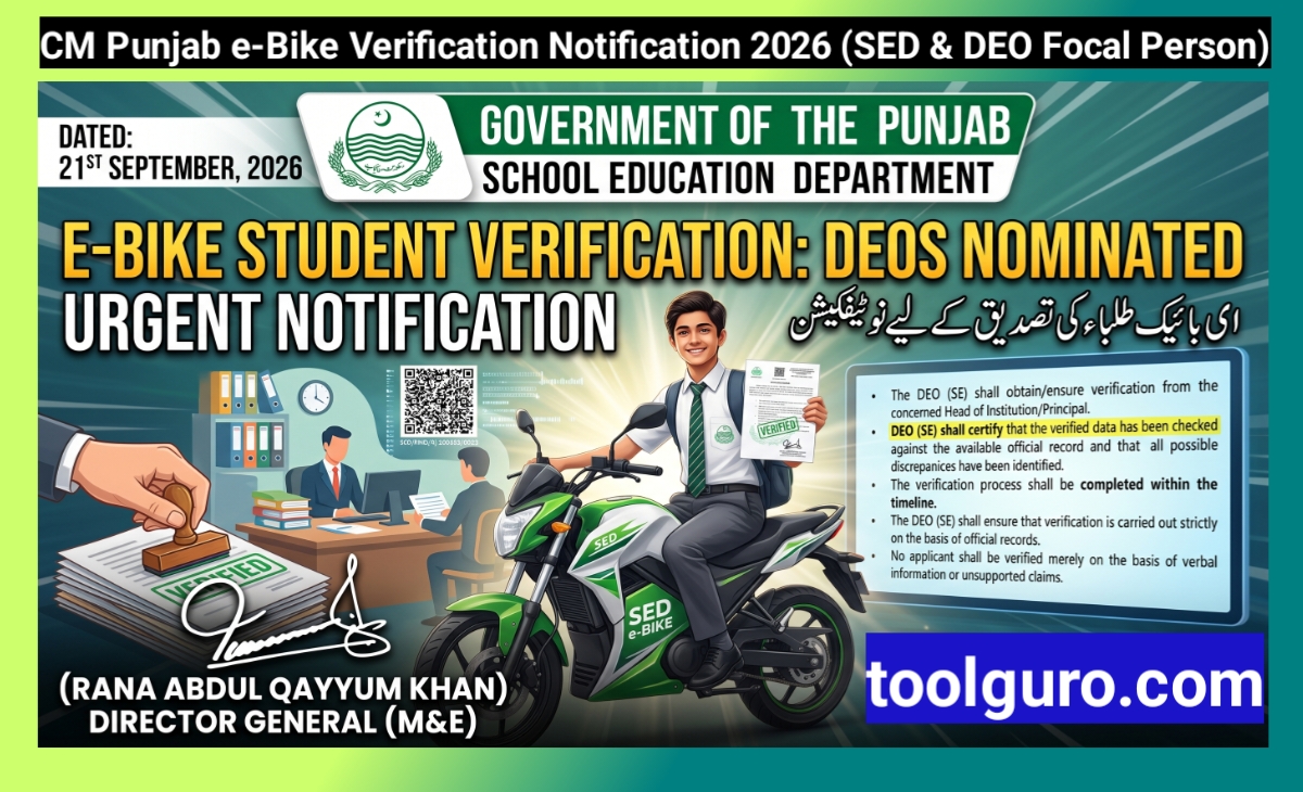 CM Punjab e-Bike Verification Notification 2026 (SED & DEO Focal Person)