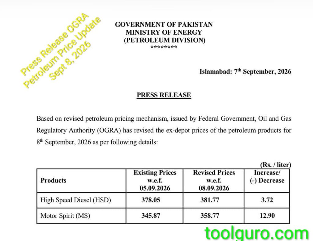 Press Release: OGRA Petroleum Price Update Sept 8, 2026